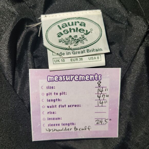 Vintage LAURA ASHLEY Black Wool Princess Dress Size 8 Puff Sleeve Cottagegoth - Picture 2 of 13